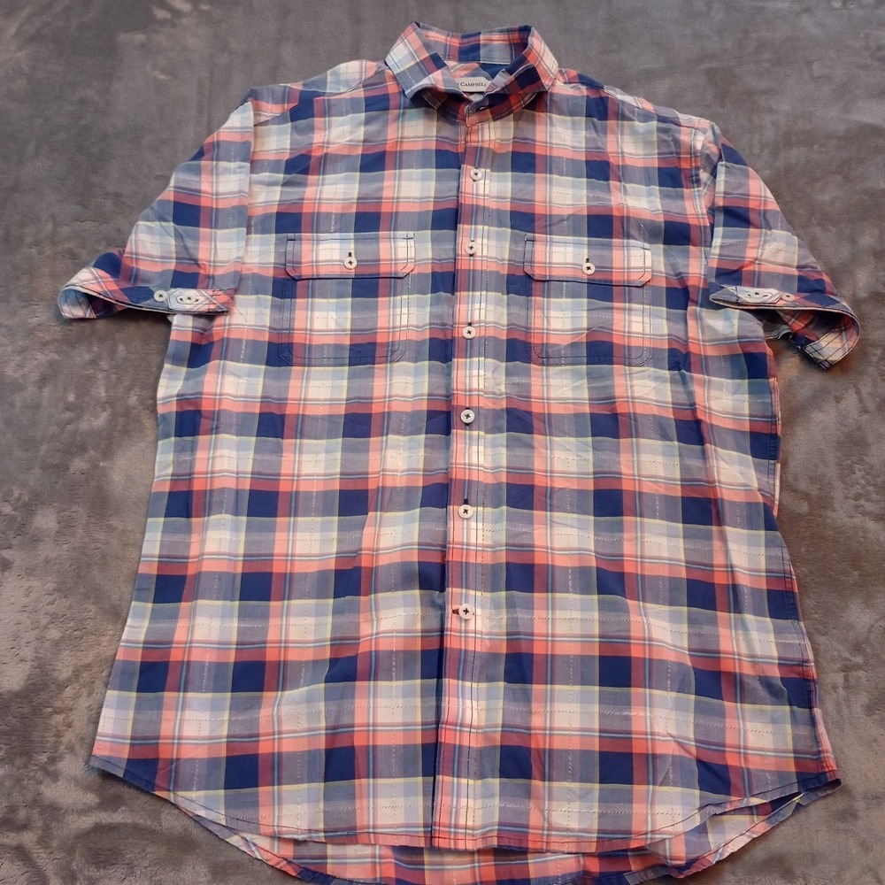 James‎ Campbell Button Up Shirt Mens Sz Medium Plaid 100% Cotton Short Sleeve